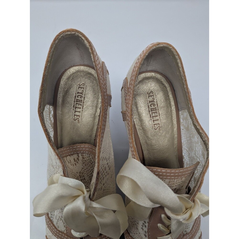 Seychelles Ivory Lace Ribbon Peep Toe Wedge Booties Sz 8 Boho Cottagecore Bridal - Picture 7 of 9